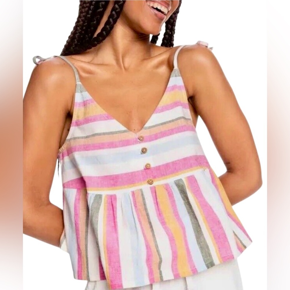 💛NWT! ROXY! “OPEN EYES” STRIPE FLOWY TANK! LINEN BLEND! ADJUSTABLE! - Picture 3 of 16